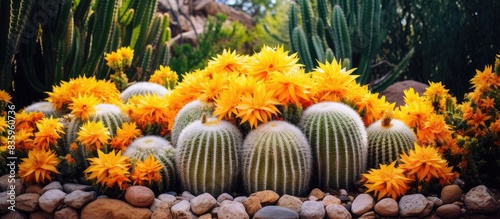 famous golden barrel cactus Echinocactus grusonii Hildm in the rock garden. Creative banner. Copyspace image photo