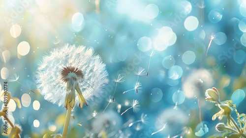 Beautiful dandelion with flying seeds on a green spring meadow  a macro photo of a natural landscape with copy space area.