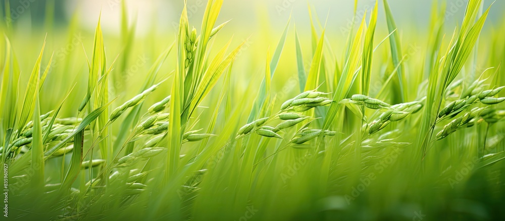 Obraz premium Rice seed ripe and green leaves in rice field Growth and Yield of rice plants in summer color tone. Creative banner. Copyspace image