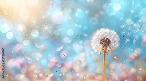 Beautiful dandelion with flying seeds on a green spring meadow  a macro photo of a natural landscape with copy space area.