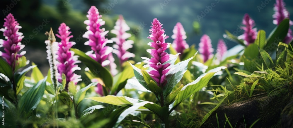 Obraz premium White and purple flower or Peacock gingers are an East Asian native genus of over a hundred plants in the ginger family They are shade loving wildflowers that grow on the floors of tropical forests