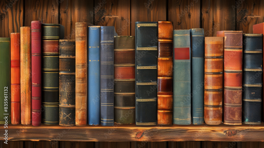 a row of old books with colorful covers on a wooden shelf. a row of old books with colorful covers on a wooden shelf.
