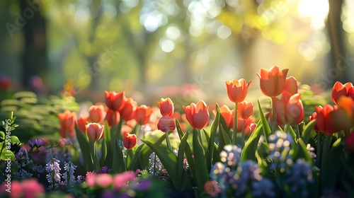 Beautiful spring garden with blooming tulips and hyacinths in the sunlight. Spring landscape background. Flowering meadow  park or botanical flowerbed.