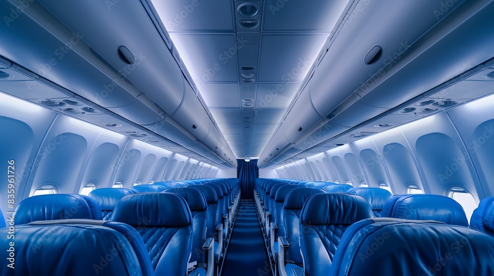 Blue seats in an airplane with white walls and ceiling, panoramic view of the interior cabin with rows of blue chairs on both sides of the aisle. Blue seats in an airplane with white walls and ceiling, panoramic view of the interior cabin with rows of blue chairs on both sides of the aisle.