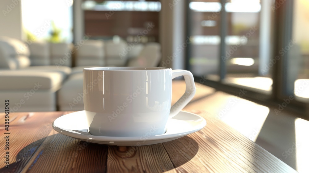 A mockup of a coffee mug on a saucer, displaying a blank space for showcasing custom logo or branding designs