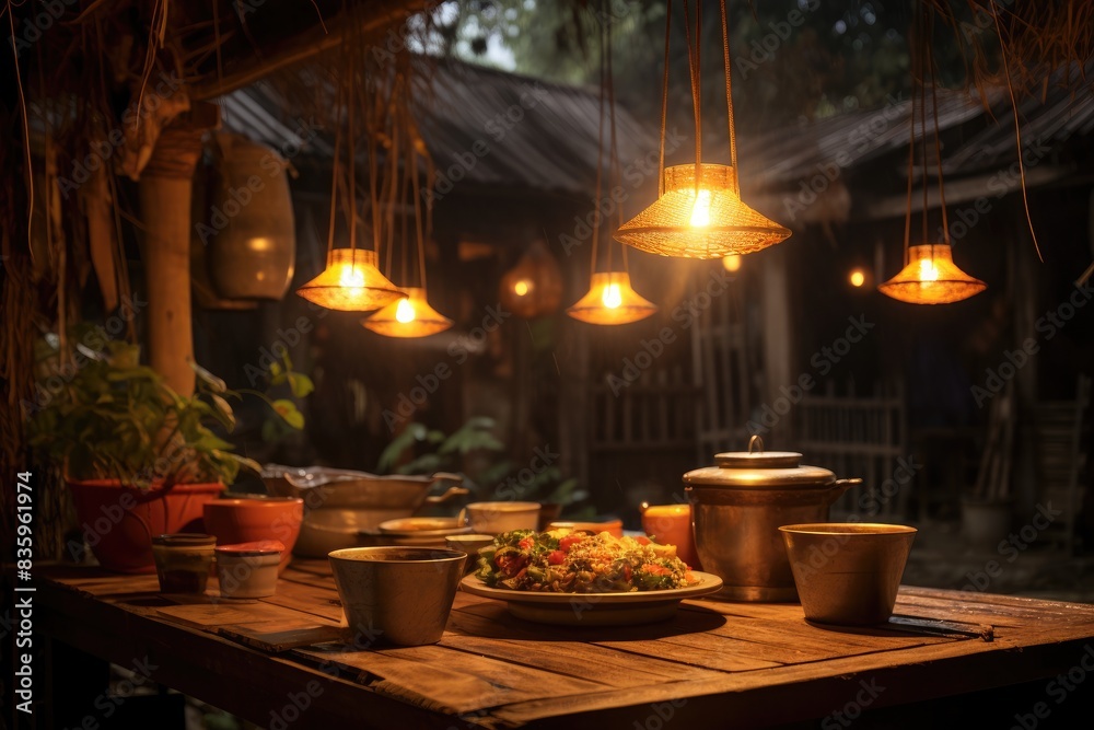 Pho soup in a Vietnamese village setting with lanterns hanging overhead. Pho soup in a Vietnamese village setting with lanterns hanging overhead.