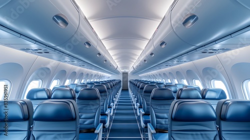 Blue seats in an airplane with white walls and ceiling, panoramic view of the interior cabin with rows of blue chairs on both sides of the aisle.