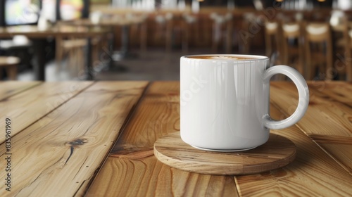 A mockup of A white ceramic mug sits on a worn wooden table in a cafe.