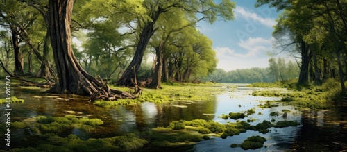summer landscape deadwood in the swamp and duckweed in the water near the shore. Creative banner. Copyspace image photo