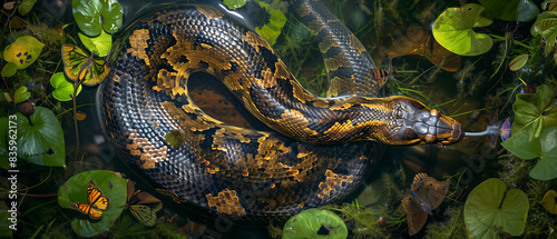  Aerial view of an anaconda with golden and black scales slithering through water lilies