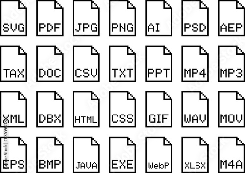 Pixel art file formats icons vector pack