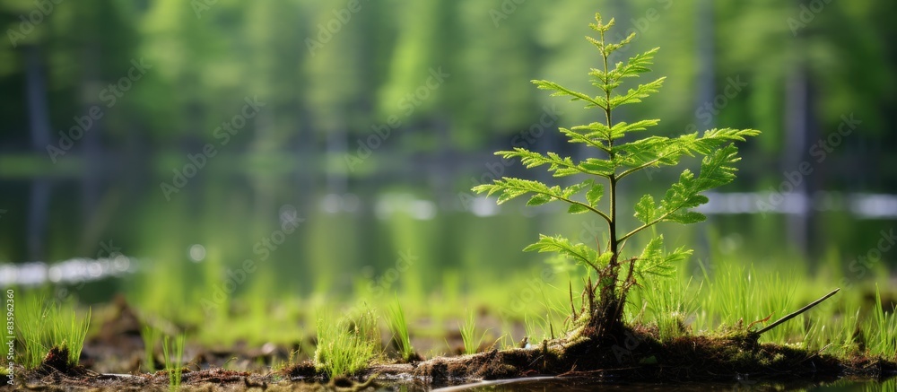 Sprout of a coniferous tree in the northern swampy forest. Creative banner. Copyspace image Sprout of a coniferous tree in the northern swampy forest. Creative banner. Copyspace image