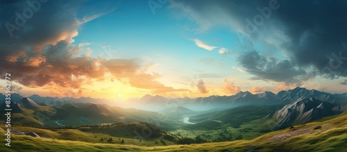 Sunset landscape with mountains and grass. Creative banner. Copyspace image © HN Works