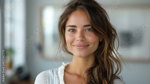 portrait of a smiling woman on white background. stock image