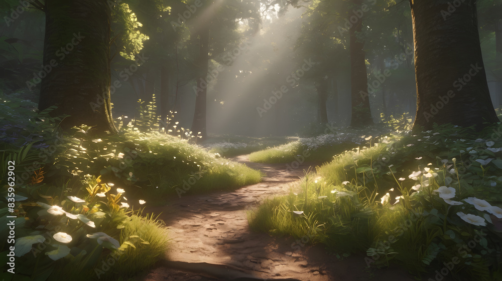 Fototapeta premium a path in the woods with the sun shining through the trees