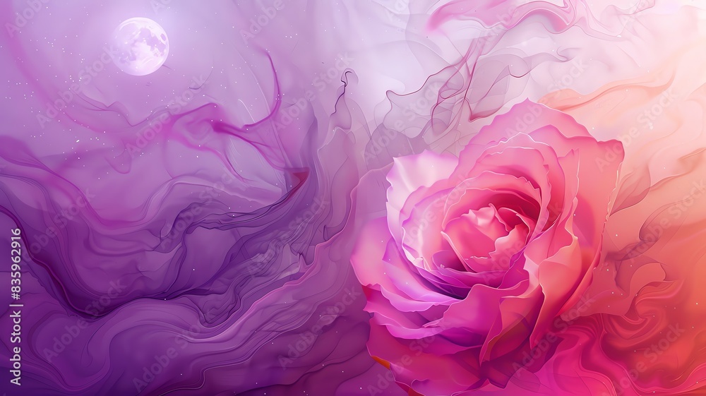 A painting of a rose under a starry night sky, with twinkling stars and a full moon illuminating the scene A painting of a rose under a starry night sky, with twinkling stars and a full moon illuminating the scene