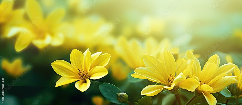 Obraz premium beautiful portrait photo shot of yellow flowers petals sunny bright day green background wallpaper dainty scenery roses sunflower bunch flora botanical. Creative banner. Copyspace image