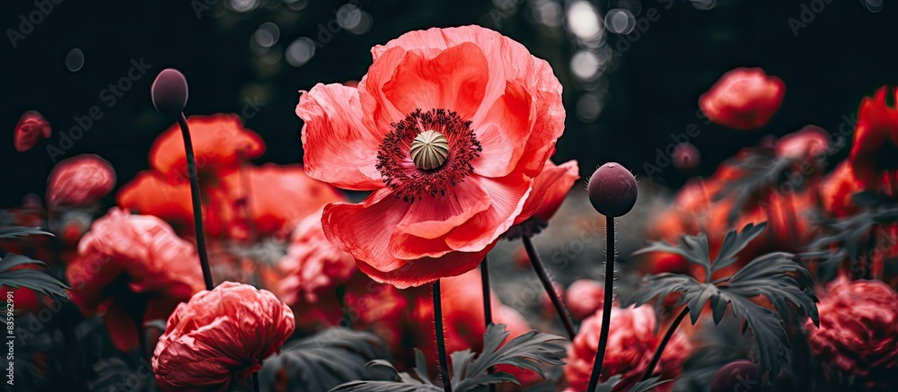 Obraz premium A rose colored poppy Flowering plant in the subfamily Papaveroideae of the family Papaveraceae Poppies are herbaceous plants often grown for their colourful flowers. Creative banner. Copyspace image