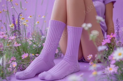 woman wearing lilac socks is sitting on lilac background, surrounded by romantic spring flowers. Sophisticated comfortable fashion concept © Miss V