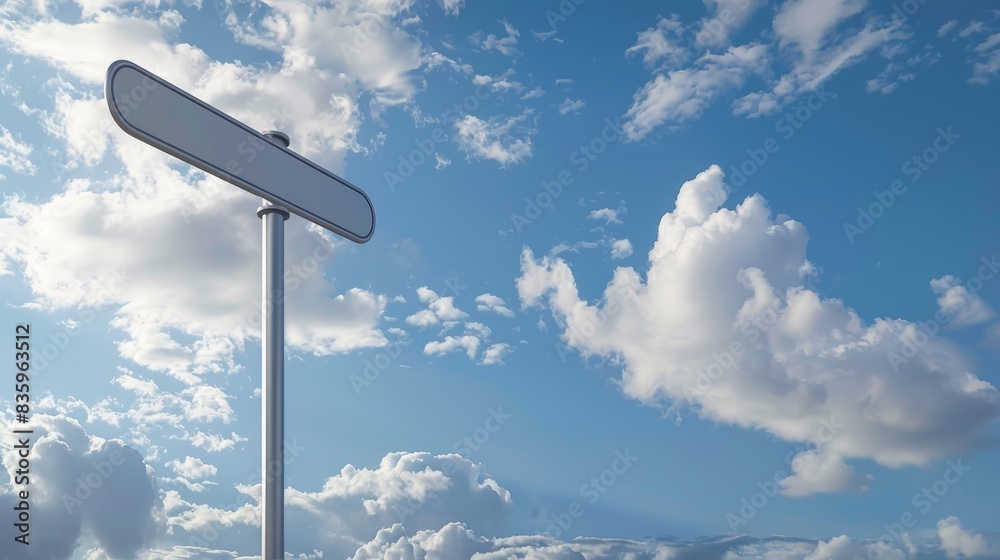 A mockup of a blank white street sign on a metal pole in front of a blue sky with clouds. A mockup of a blank white street sign on a metal pole in front of a blue sky with clouds.