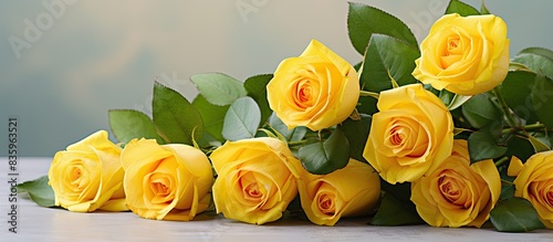 Bouquet of yellow roses with green leaves. Creative banner. Copyspace image