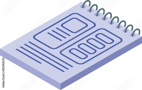 Detailed isometric spiral notebook illustration with 3d data infographic design concept and modern vector icon graphic on a white background for office supply, business, and education representation
