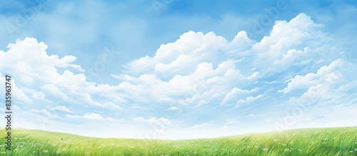Hand painting beautiful green grass against a blue sunny sky. Creative banner. Copyspace image