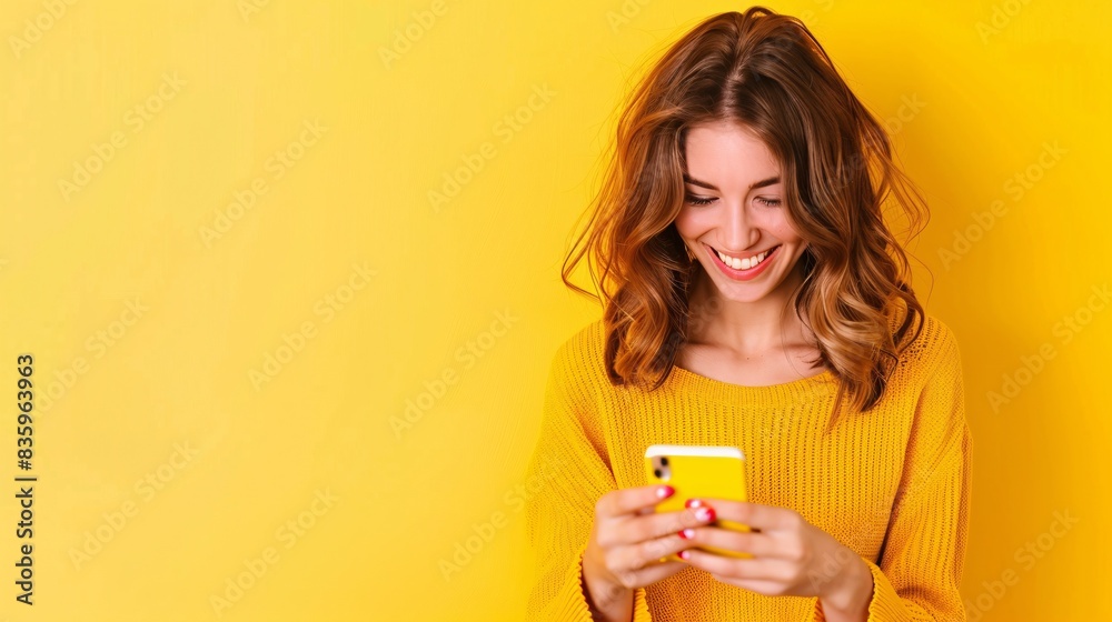 Picture of a beautiful, happy woman using a device for social media with empty space for advertisement on a vibrant yellow backdrop. Picture of a beautiful, happy woman using a device for social media with empty space for advertisement on a vibrant yellow backdrop.