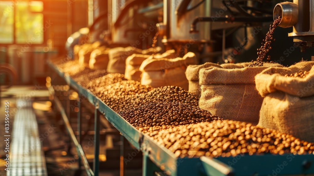a conveyor belt filled with burlap sacks of coffee bean moving through the roasting and grinding process at a coffee production facility. a conveyor belt filled with burlap sacks of coffee bean moving through the roasting and grinding process at a coffee production facility.