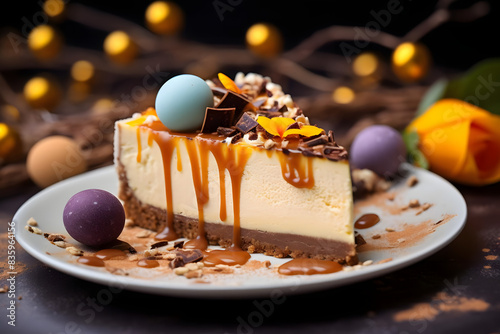 easter egg cheesecake, rich and creamy cheesecake adorned with easter egg decorations. generative ai