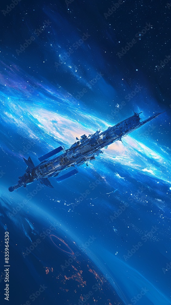 Naklejka premium Produce an image depicting a spacecraft navigating through the vastness of the universe