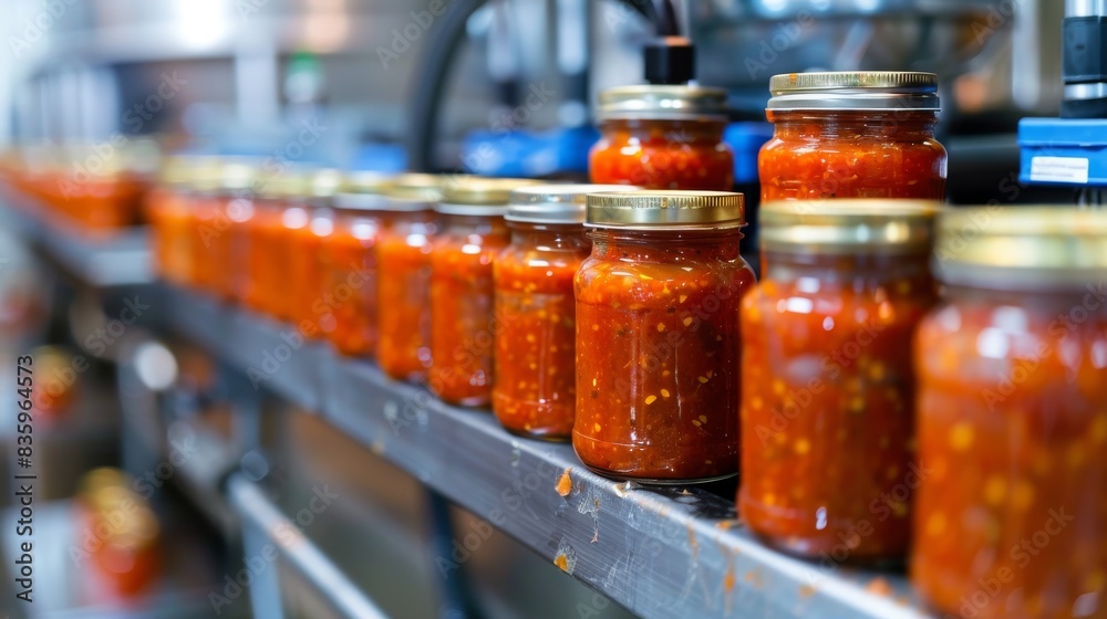 A series of jars of marinara sauce moving through the labeling and packaging process in a sauce production facility. A series of jars of marinara sauce moving through the labeling and packaging process in a sauce production facility.