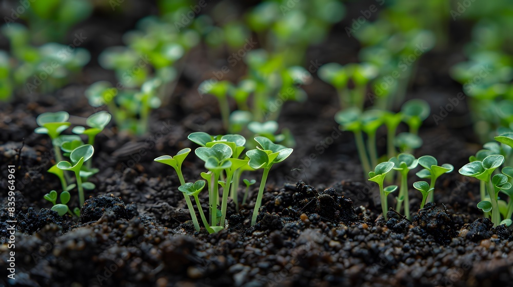 In the center of each seedling, there is some green grass growing from it. The background has dark brown soil and light blurring. In the center of each seedling, there is some green grass growing from it. The background has dark brown soil and light blurring.