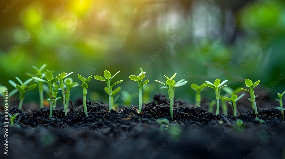 In the center of each seedling, there is some green grass growing from it. The background has dark brown soil and light blurring.