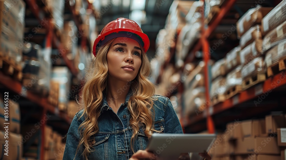 woman wearing a hard hat and holding a digital tablet computer walking through a retail warehouse full of goods on shelves working in a distribution and logistics center .stock photo woman wearing a hard hat and holding a digital tablet computer walking through a retail warehouse full of goods on shelves working in a distribution and logistics center .stock photo