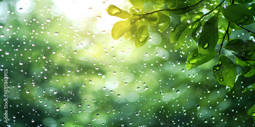 Raindrops on a window with blurred green background and bokeh light photo