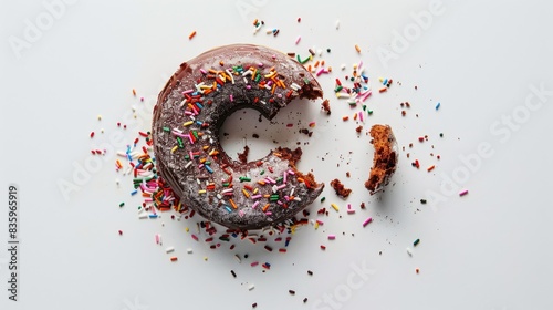 Partially consumed chocolate sprinkle donut set against a white backdrop photo