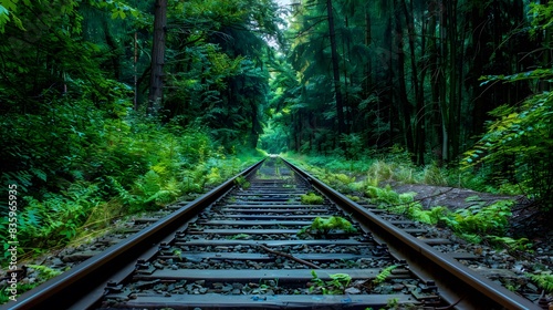 Railway tracks in a forest, with green trees on both sides. The photograph is in the style of railway tracks in a forest.