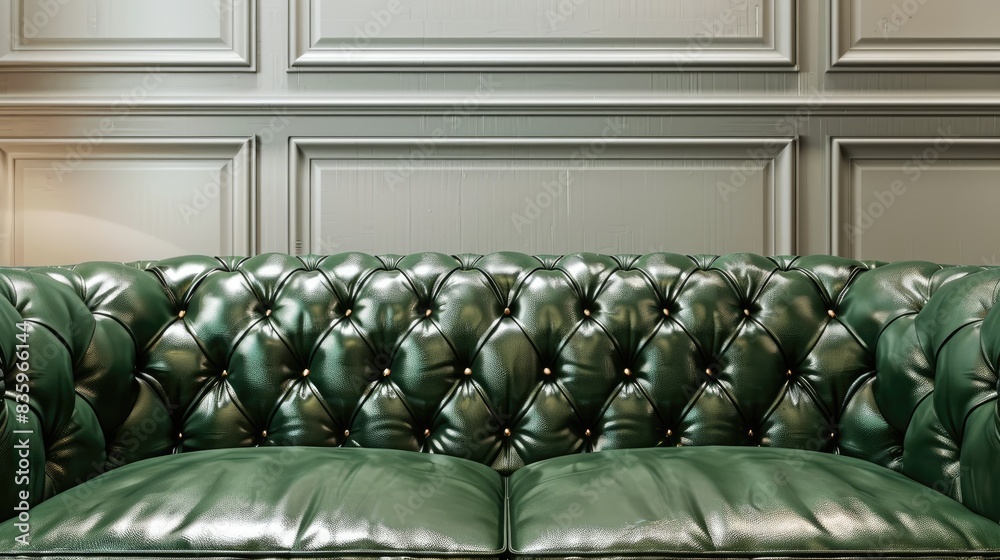 Obraz premium Green furniture sofa with Chesterfield style leather background and genuine ivory leather upholstery for luxury loft interiors