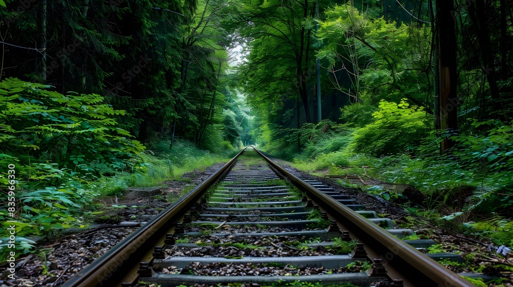 Railway tracks in a forest, with green trees on both sides. The photograph is in the style of railway tracks in a forest. Railway tracks in a forest, with green trees on both sides. The photograph is in the style of railway tracks in a forest.