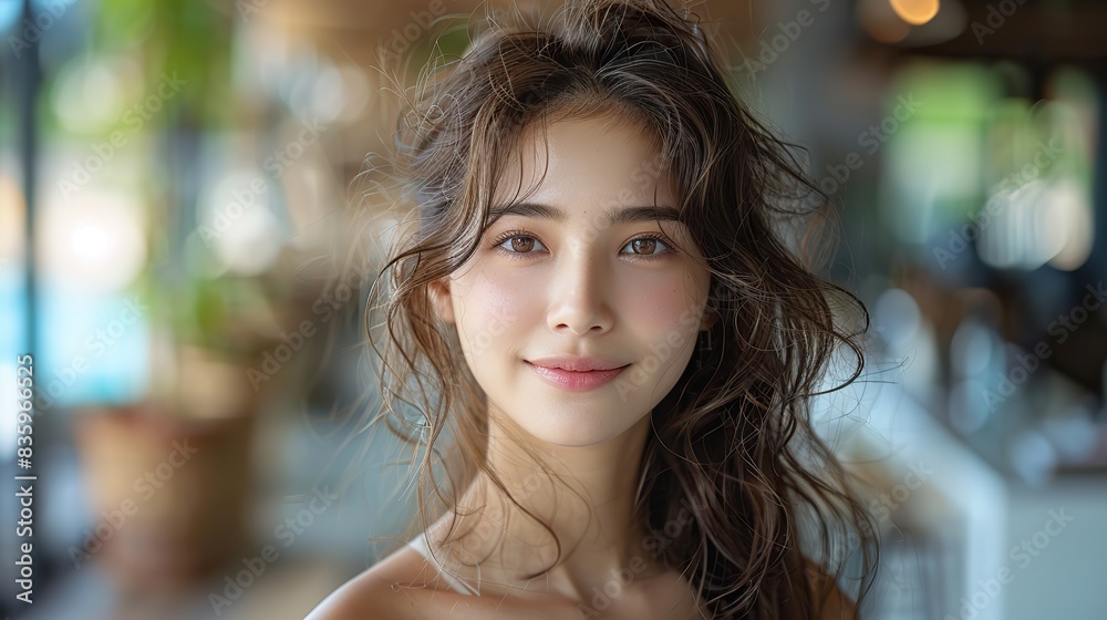 Fototapeta premium portrait of a young asian woman smiling beauty and hair care face and hair beauty.illustration