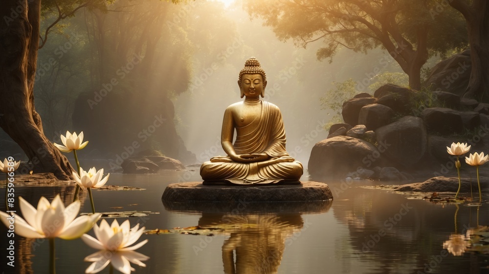 serene and profound beauty of Buddhism, emphasizing its principles of peace, mindfulness, and enlightenment. The scene should be set in a tranquil, natural environment, such as a lush forest or a sere serene and profound beauty of Buddhism, emphasizing its principles of peace, mindfulness, and enlightenment. The scene should be set in a tranquil, natural environment, such as a lush forest or a sere