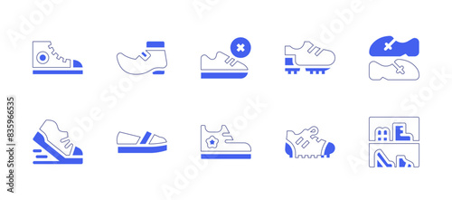 Shoes icon set. Duotone style line stroke and bold. Vector illustration. Containing no shoes, sneakers, clothes, shoes, shoe, football shoes, flat shoes. © Huticon
