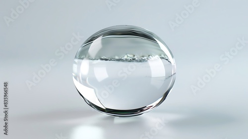 Clear water droplet, detailed and reflective, isolated on a white surface.