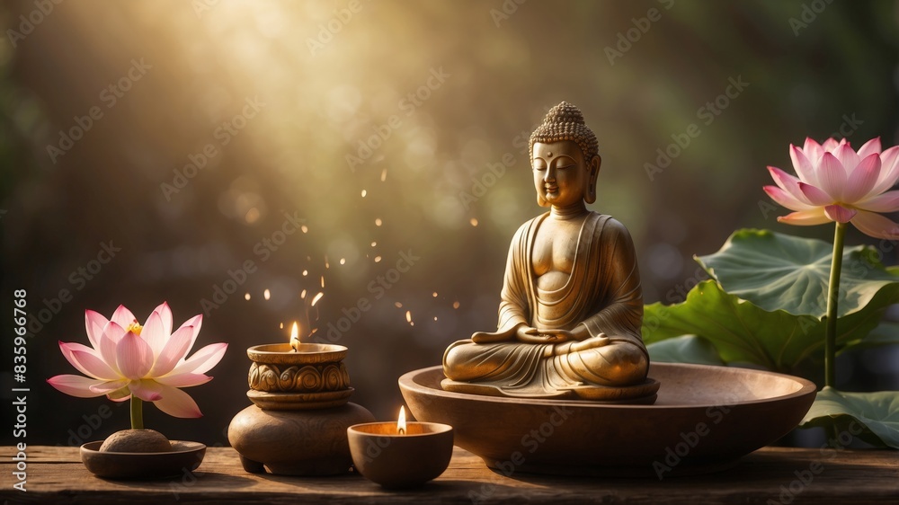 serene and profound beauty of Buddhism, emphasizing its principles of peace, mindfulness, and enlightenment. The scene should be set in a tranquil, natural environment, such as a lush forest or a sere serene and profound beauty of Buddhism, emphasizing its principles of peace, mindfulness, and enlightenment. The scene should be set in a tranquil, natural environment, such as a lush forest or a sere