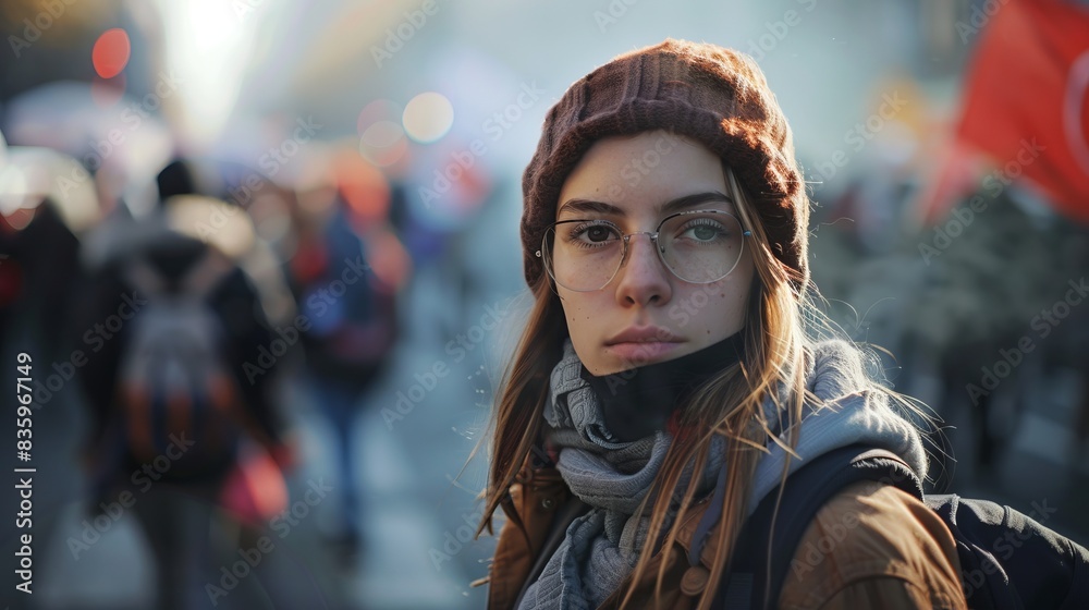 Photorealistic portrait of an individual amidst a blurry protest background, capturing their calm demeanor
