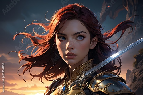 Elven Fire: Red-Haired Warrior in Ivory Armor with Majestic Sword photo