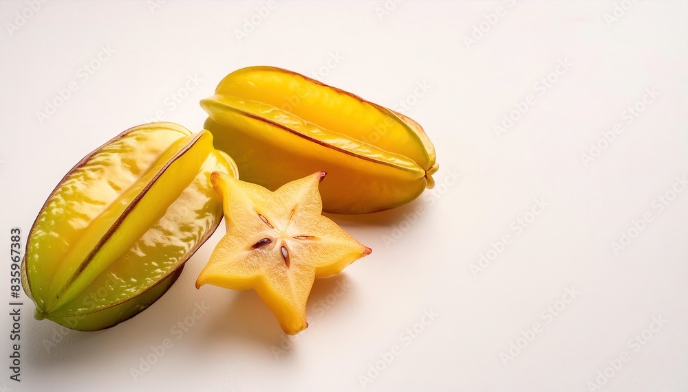 Carambola, also known as star fruit - Averrhoa carambola - a species of edible fruit with distinctive ridges running down its sides. native to tropical Southeast Asia. Isolated on white background Carambola, also known as star fruit - Averrhoa carambola - a species of edible fruit with distinctive ridges running down its sides. native to tropical Southeast Asia. Isolated on white background