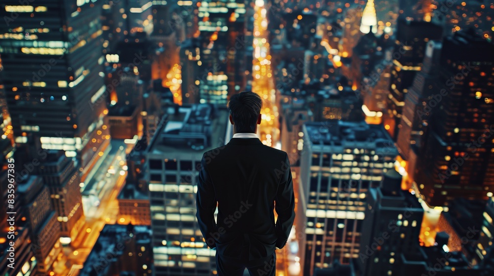 High angle photorealistic photo of a businessman in a cityscape, highlighting the urban background and detailed view High angle photorealistic photo of a businessman in a cityscape, highlighting the urban background and detailed view