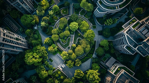 Aerial photography from above, highlighting the coexistence of trees and architectural structures